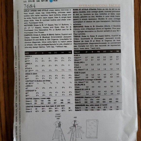 Y2K Vogue Pattern 7684 Girls Dress Fit Flare Sleeveless Open Back V Neck 12-16 - Picture 3 of 3
